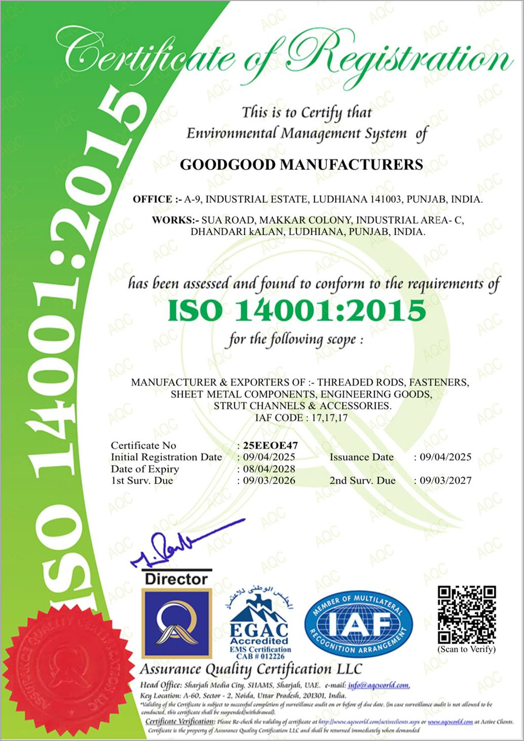 Quality Certificate The Fasteners House - Fasteners manufacturer exporter in India Ludhiana